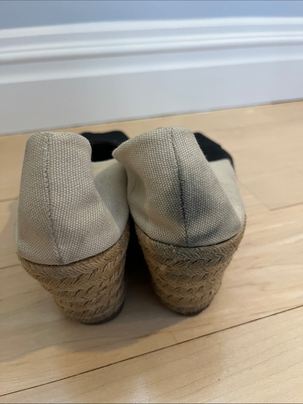Tory Burch Black and Cream Espadrille Wedge Peep-Toe Heels - Picture 4 of 8